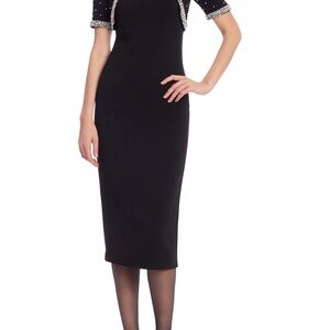 Badgley Mischka Black Pearl Crystal Neckline Midi Dress Size 12 NWT Elegant